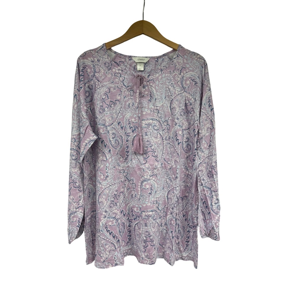 CJ Banks Womens 1X Paisley Tassel Tie Top Lavender Purple Long Sleeve Knit New
